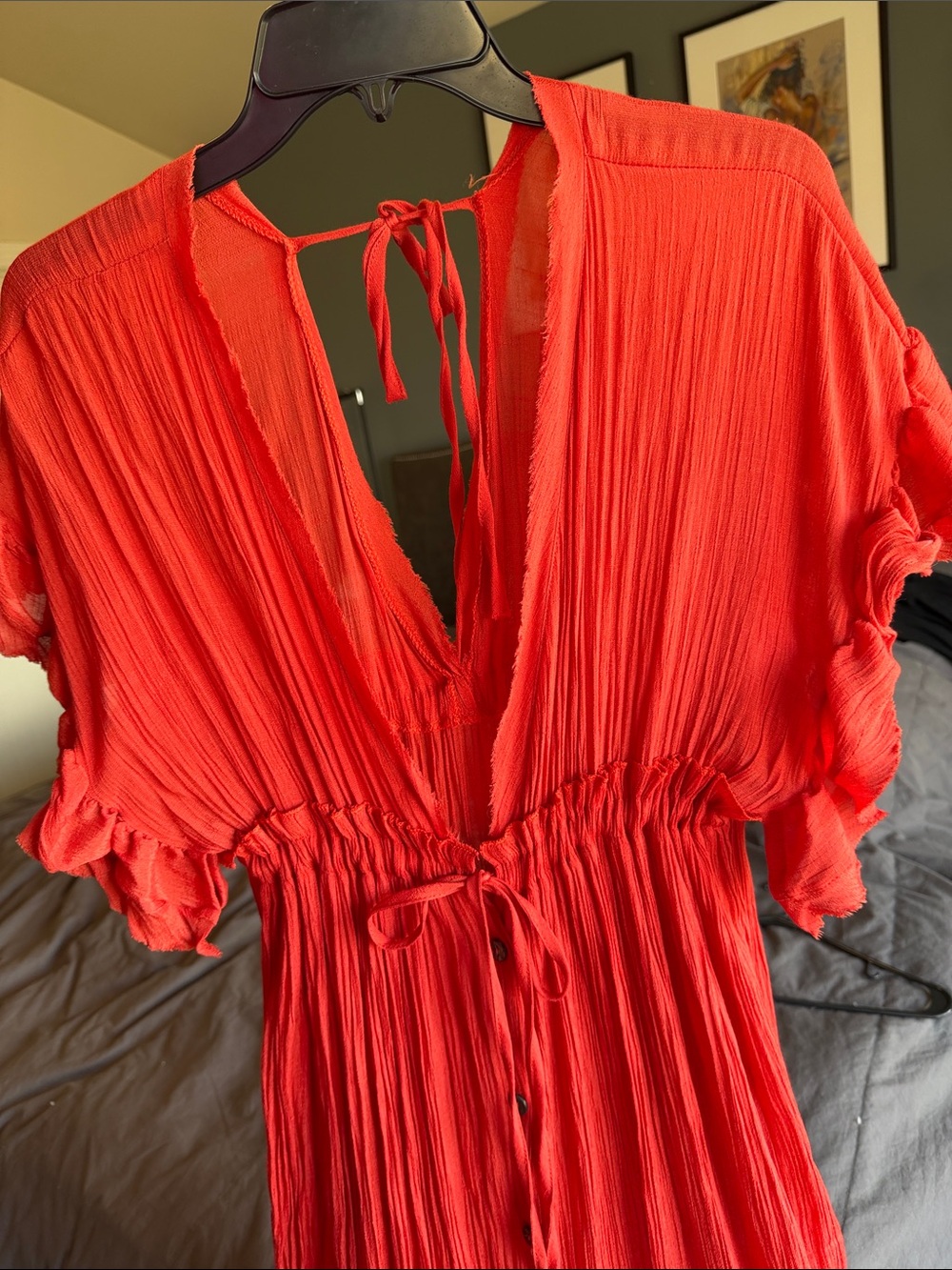 Red Button-Front Maxi Dress with Ruffle Sleeves